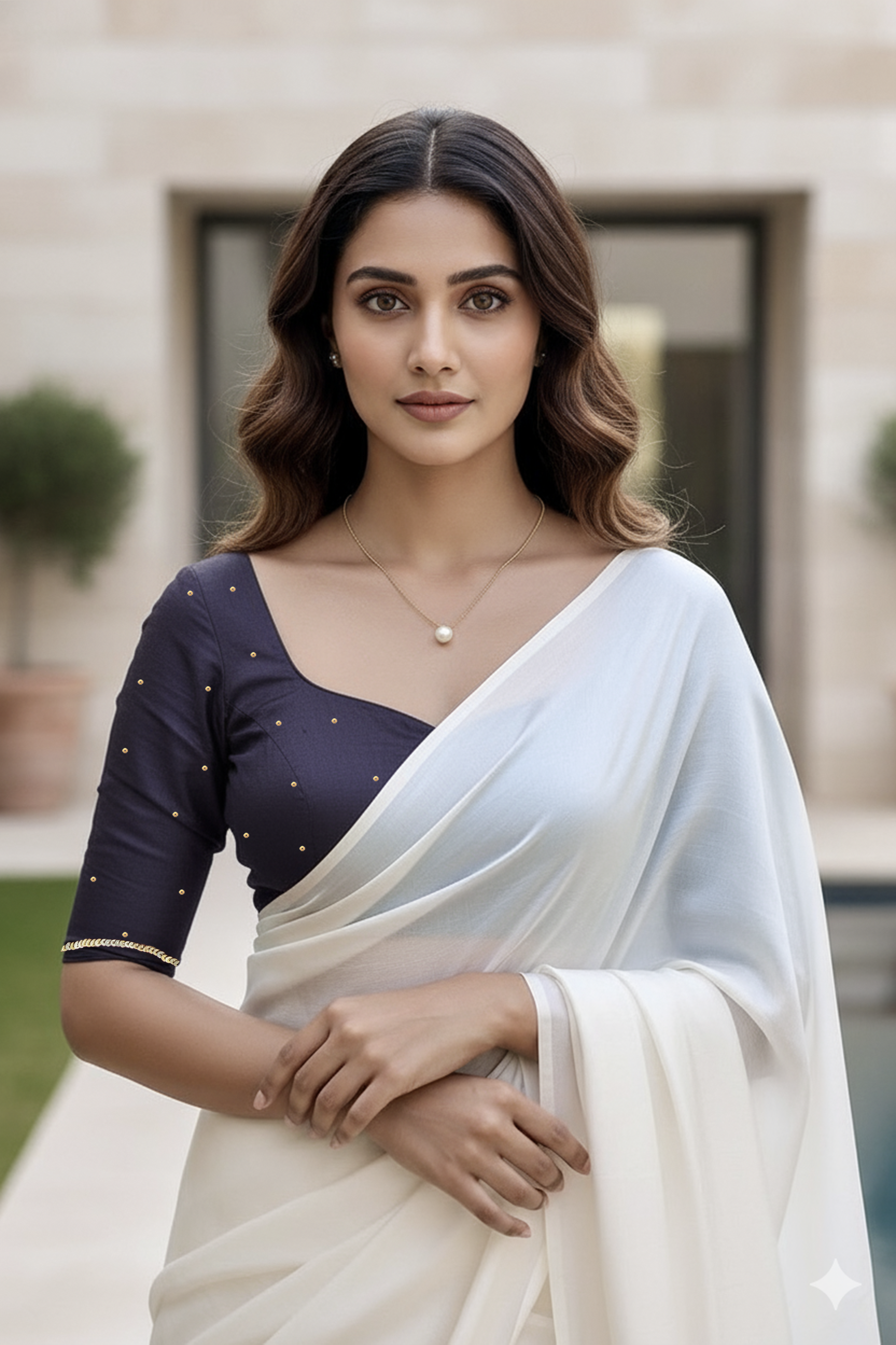 Woman wearing a light pink blouse and white saree with a blurred background. product by Umaid Couture