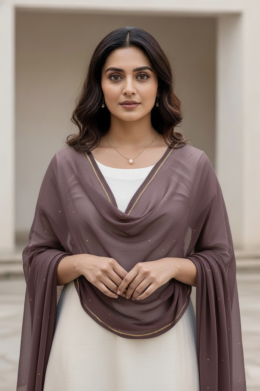 Woman wearing a brown scarf  over a white outfit with a neutral background. Product by Umaid Couture.