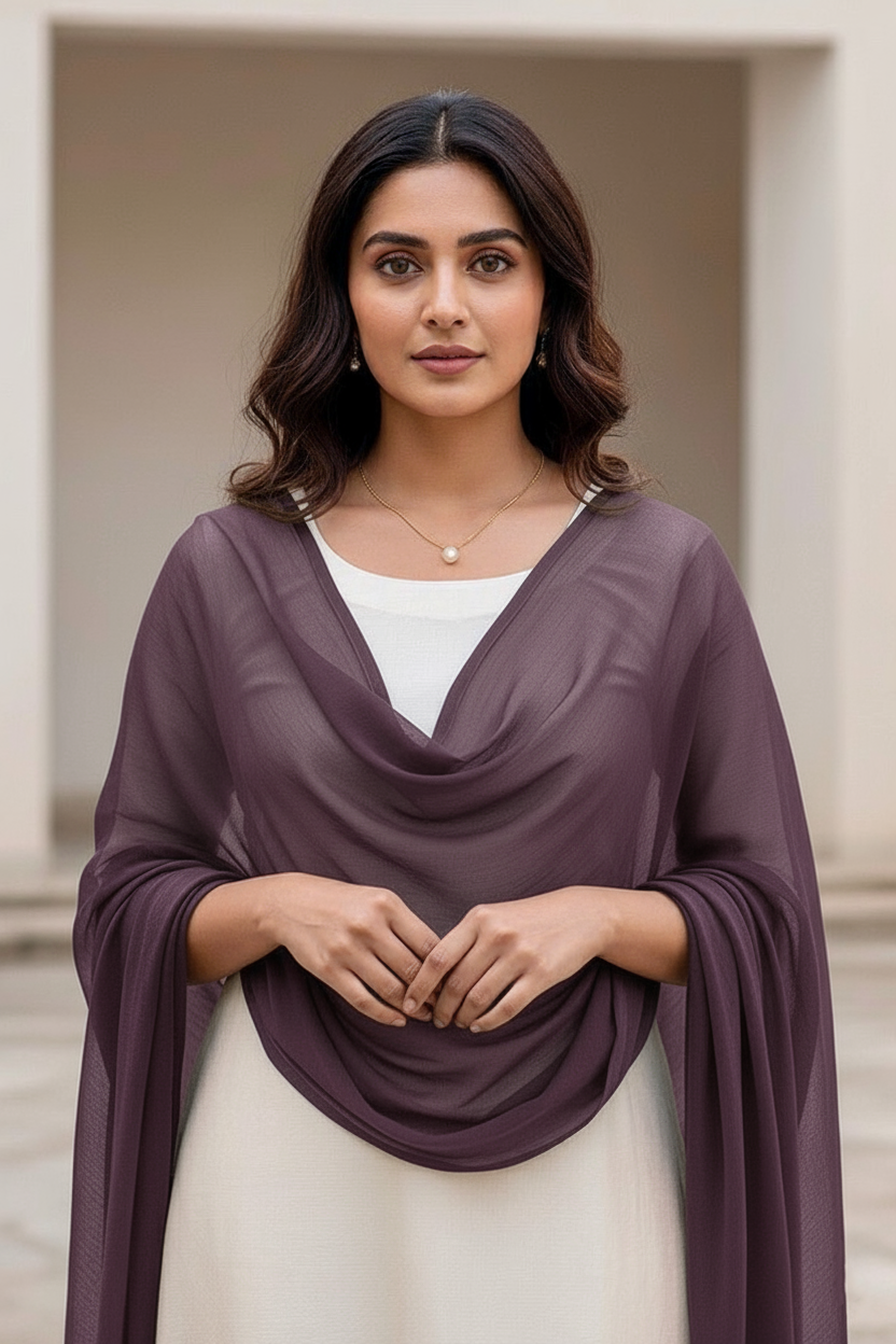 Woman wearing a purple scarf  over a white top and skirt, standing against a neutral background. Product by Umaid Couture.