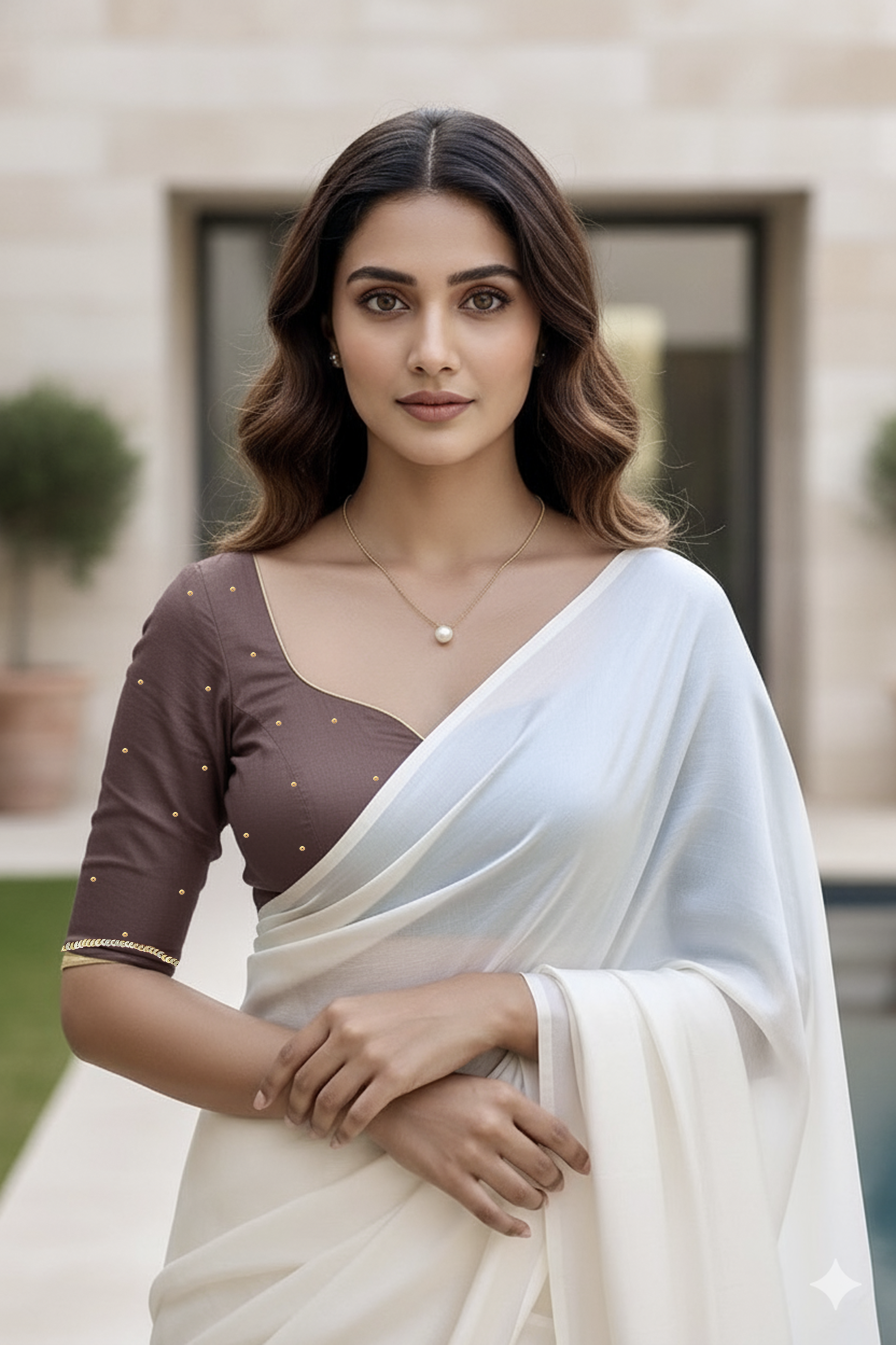 Woman wearing a light pink blouse and white saree with a blurred background. product by Umaid Couture