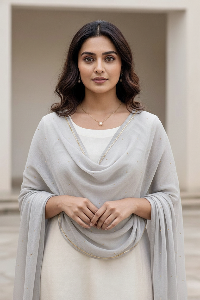 Woman wearing a light gray shawl over a white outfit with a neutral background. product by Umaid Couture