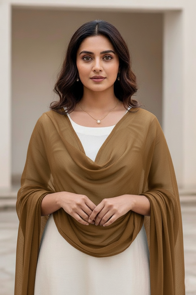 Woman wearing a brown scarf over a white top with a neutral background. Product by Umaid Couture.