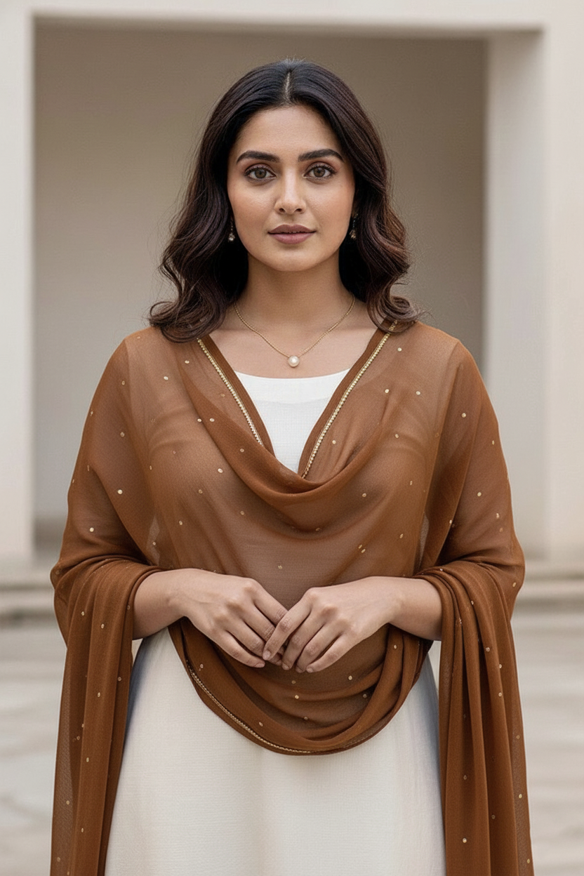Woman wearing a brown scarf over a white top with a neutral background. Product by Umaid Couture.