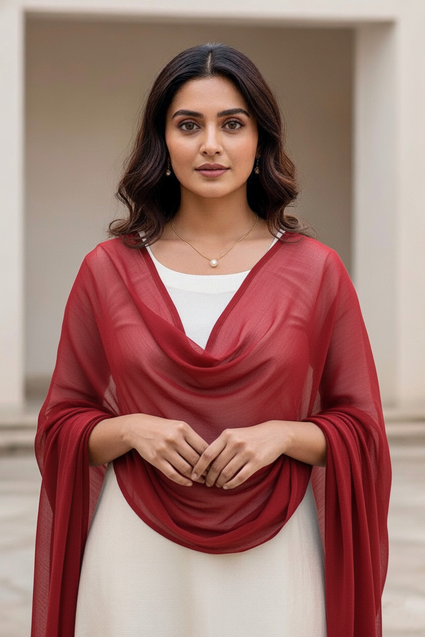 Woman wearing a dupatta over a white outfit by Umiad Couture with a neutral background