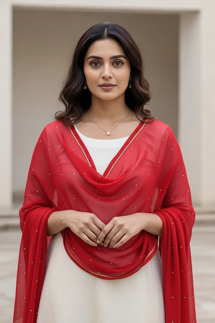 Woman wearing a dupatta over a white outfit by Umiad Couture with a neutral background