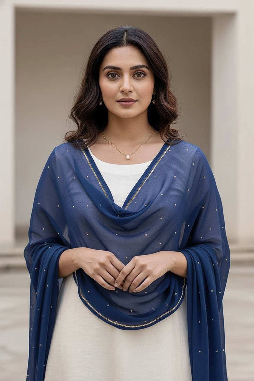 Woman wearing a blue scarf over a white outfit with a neutral background. product by Umaid Couture