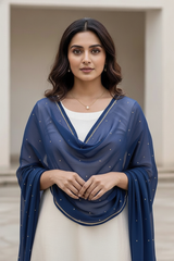 Woman wearing a blue scarf over a white outfit with a neutral background. product by Umaid Couture