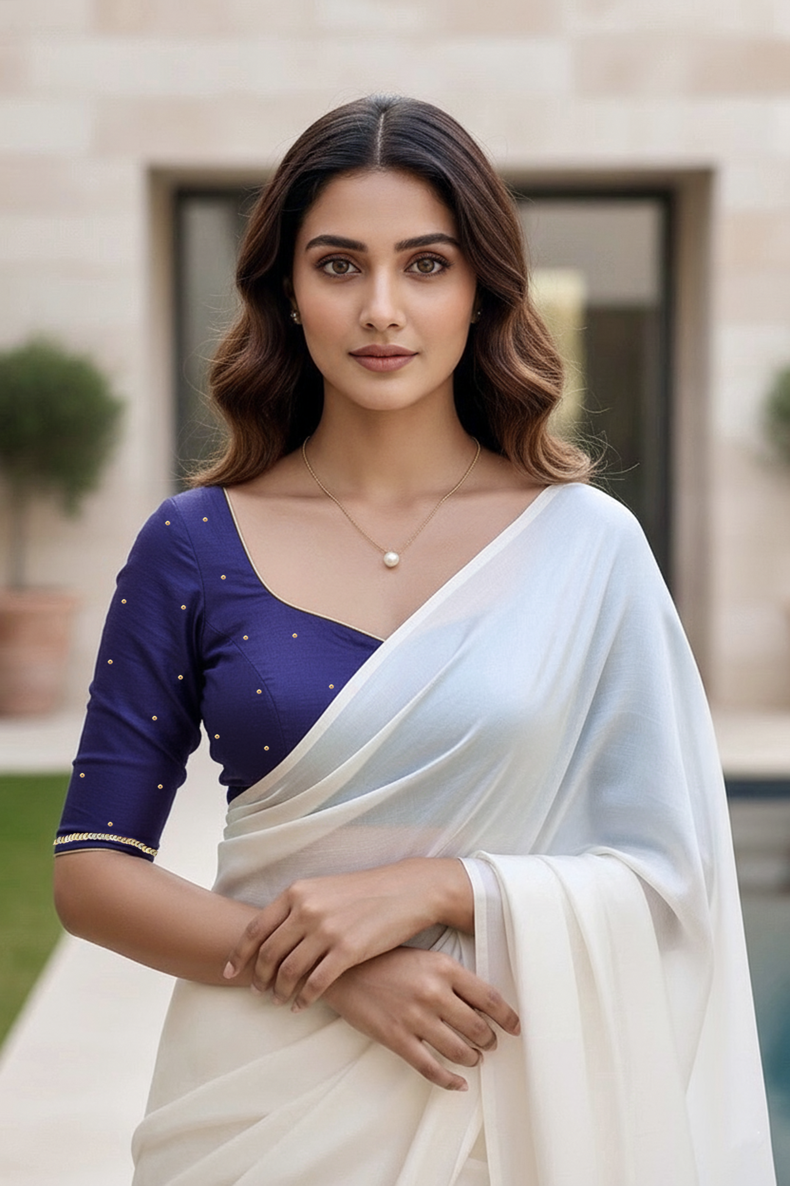 Woman wearing a white saree with a blue blouse in an outdoor setting. product by Umaid Couture