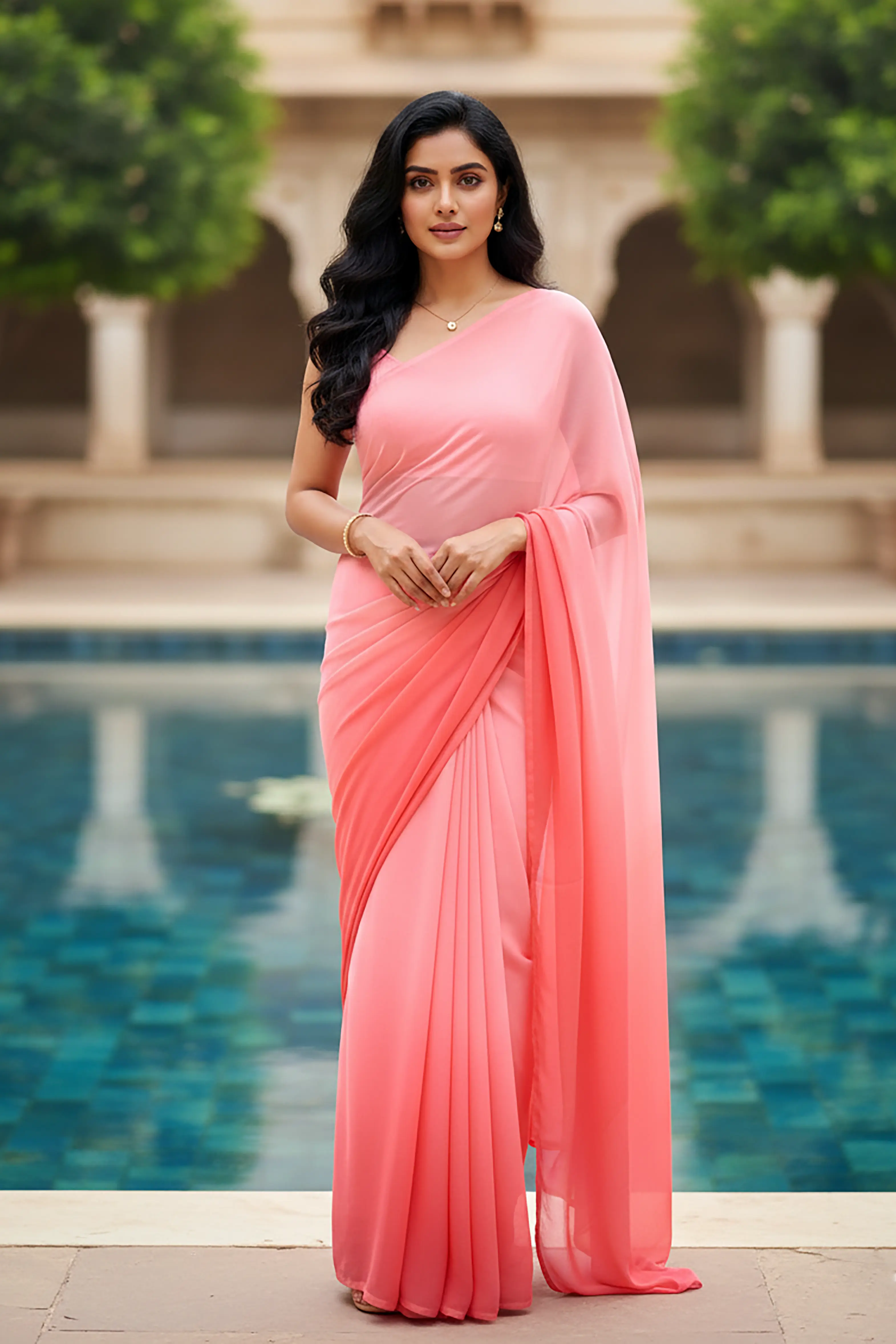 Woman in a pink saree standing by a pool with greenery in the background