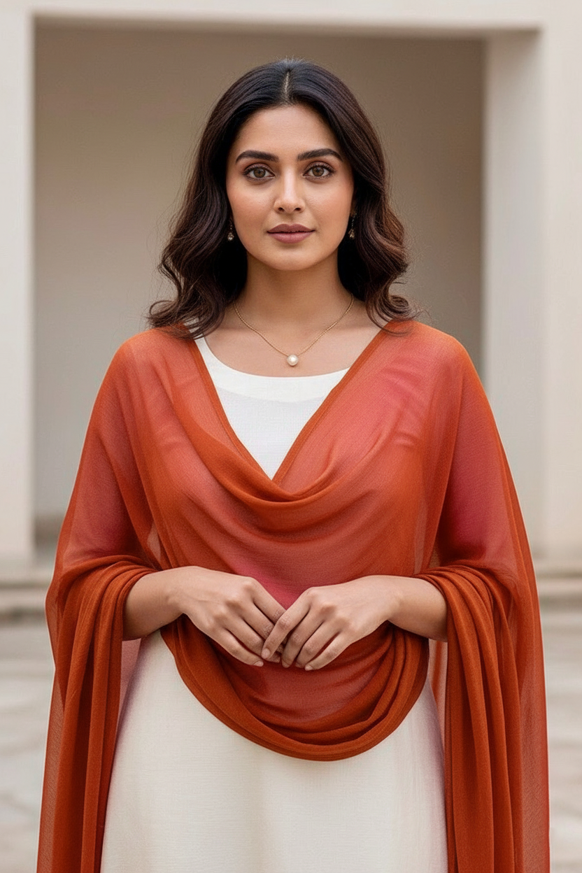 Woman wearing a rust-colored scarf over a white top and skirt, standing against a neutral background. Product by Umaid Couture