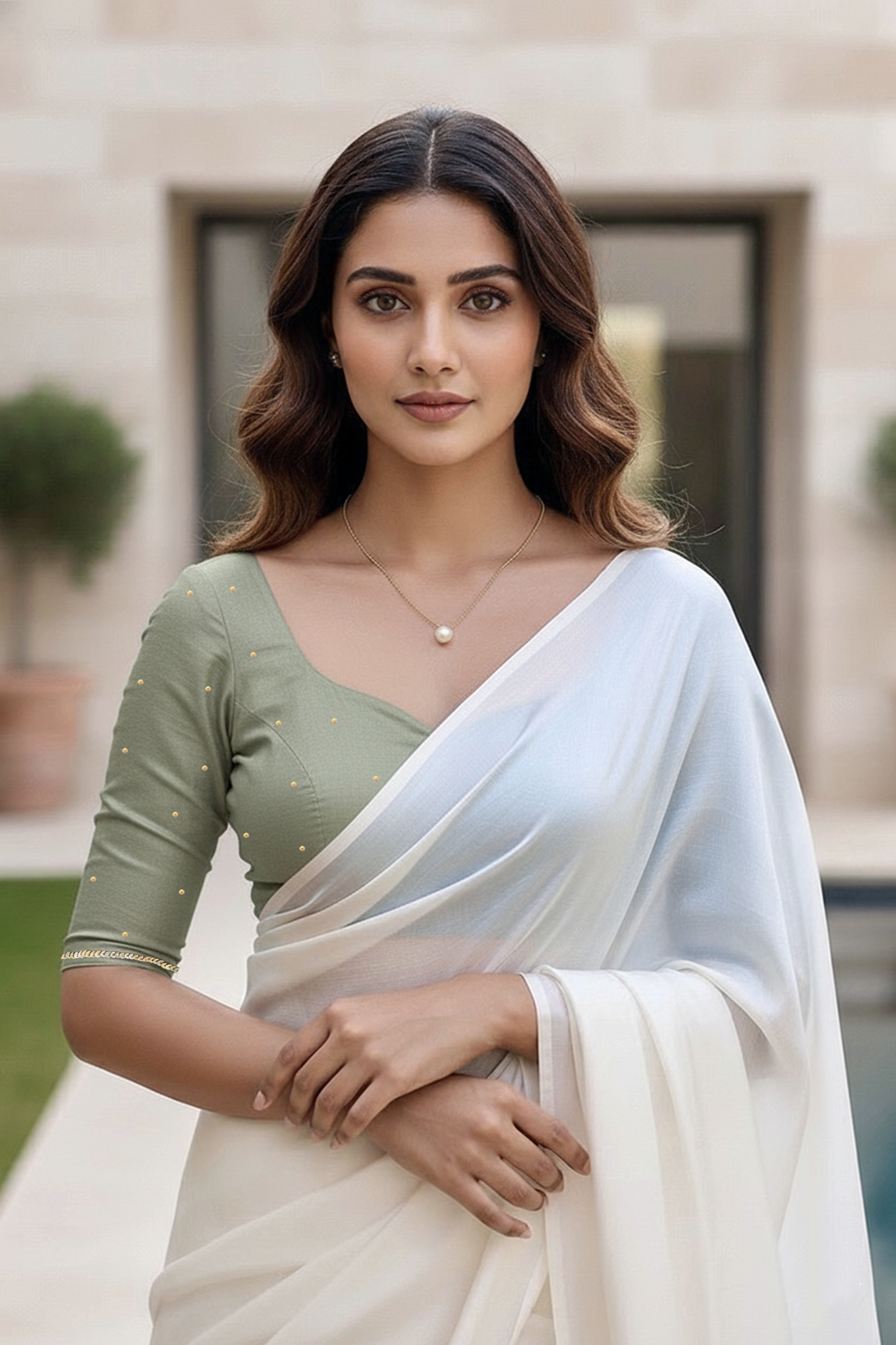 Woman wearing a green blouse and white saree with a blurred background. Product by Umaid Couture
