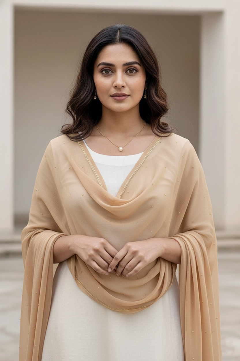 Woman wearing a beige scarf over a white top with a neutral background. Product by Umaid Couture.