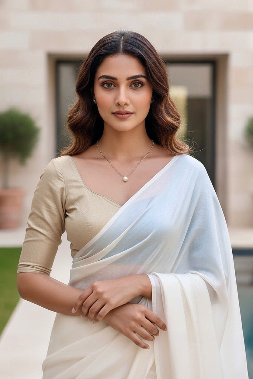 Woman wearing a traditional outfit with a white saree and brown blouse by umaid couture, standing outdoors.