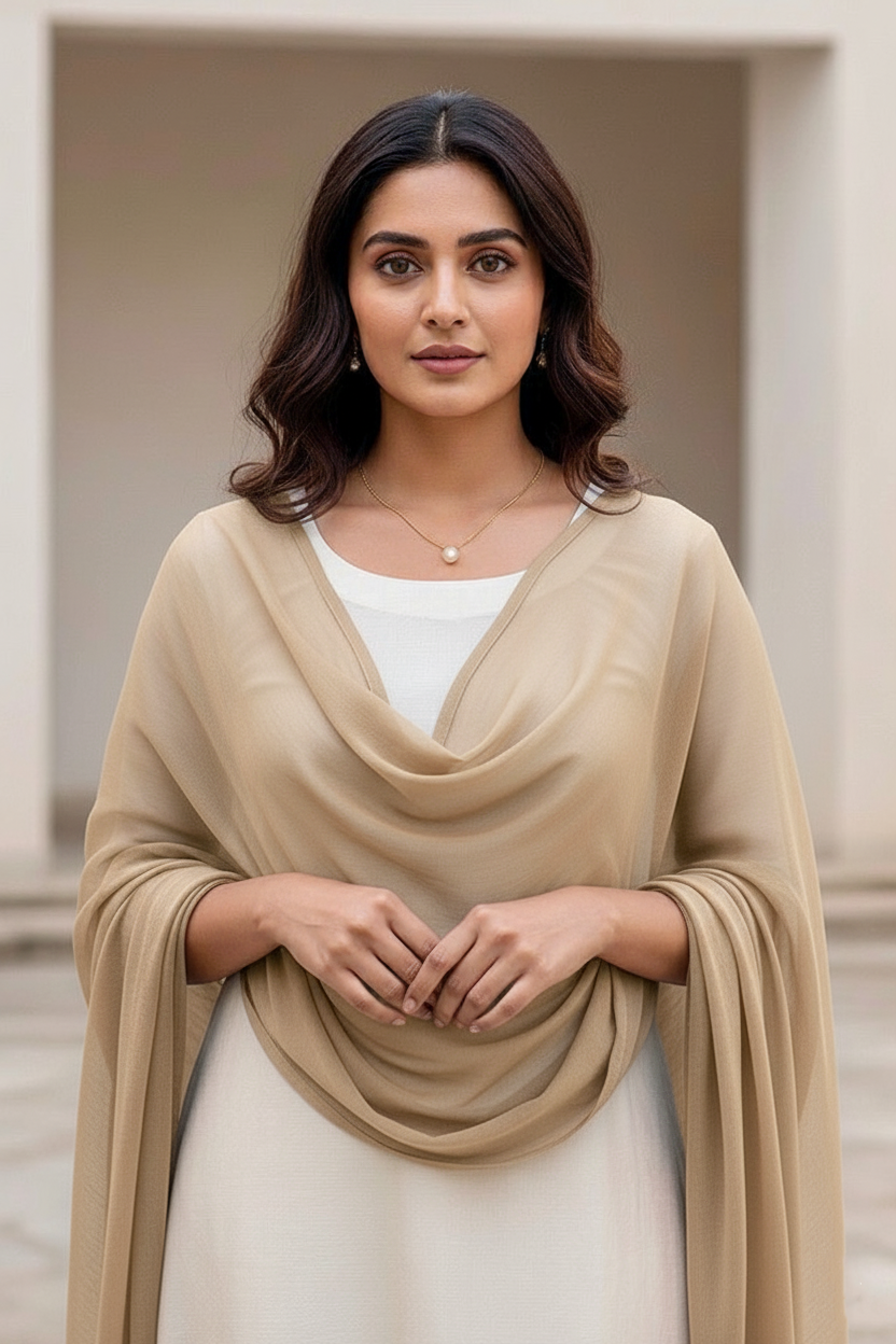 Woman wearing a beige scarf over a white outfit with a neutral background. Product by Umaid Couture.