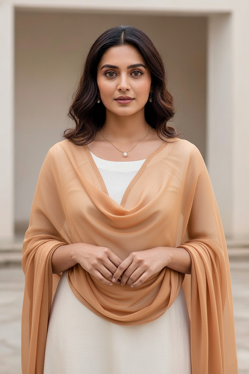 Woman wearing a beige scarf over a white top, standing outdoors. Product by Umaid Couture.