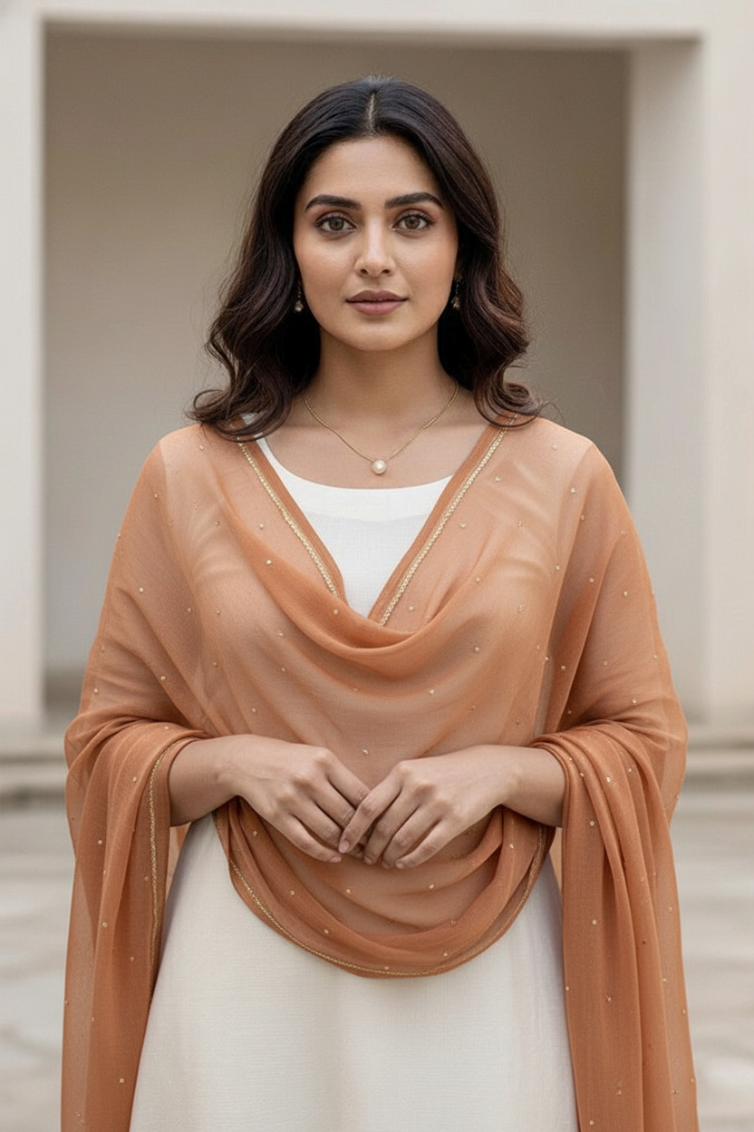 Woman wearing a peach dupatta over a white outfit with a neutral background. Product by Umaid Couture.