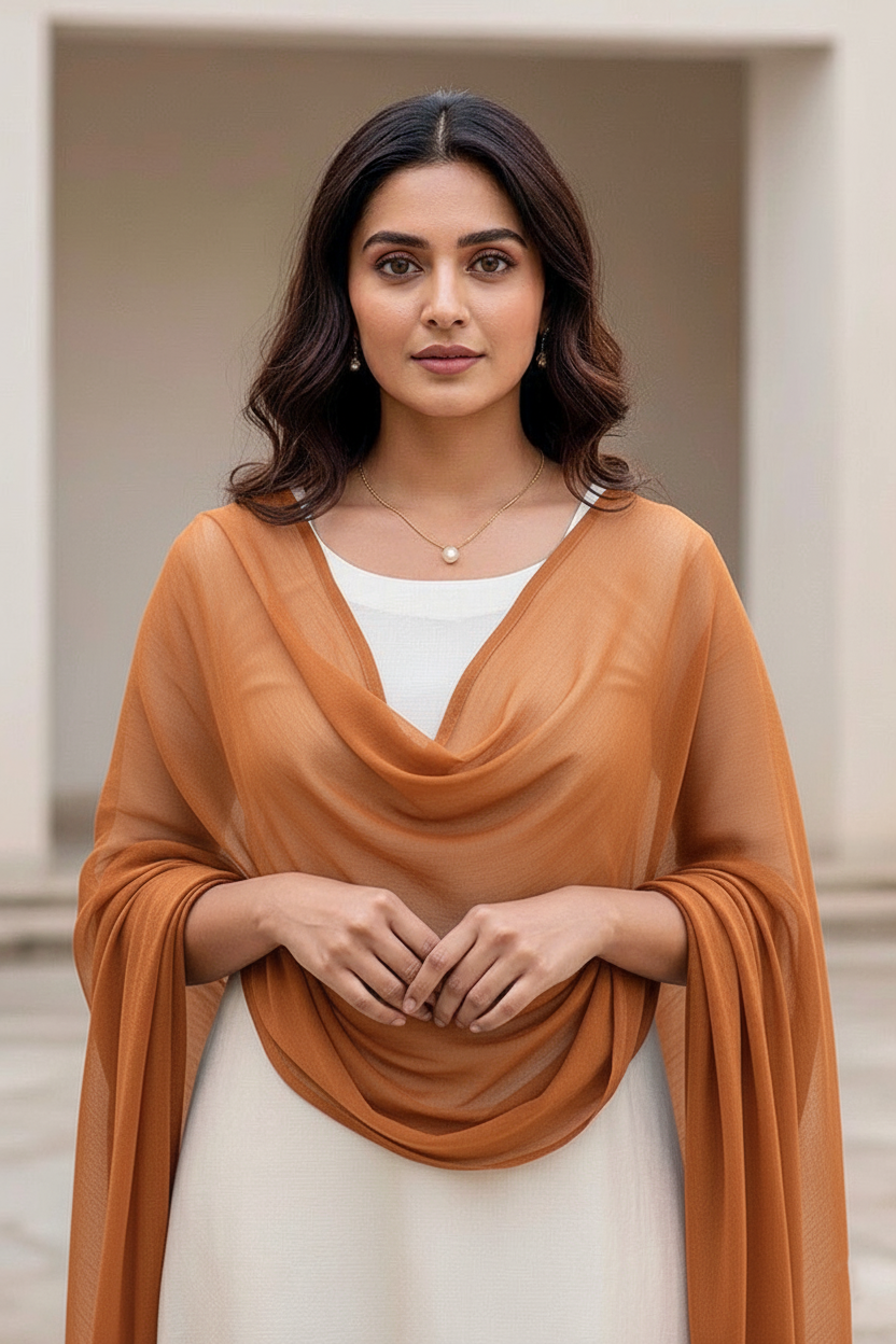 Woman wearing a brown scarf over a white top with a neutral background. Product by Umaid Couture.
