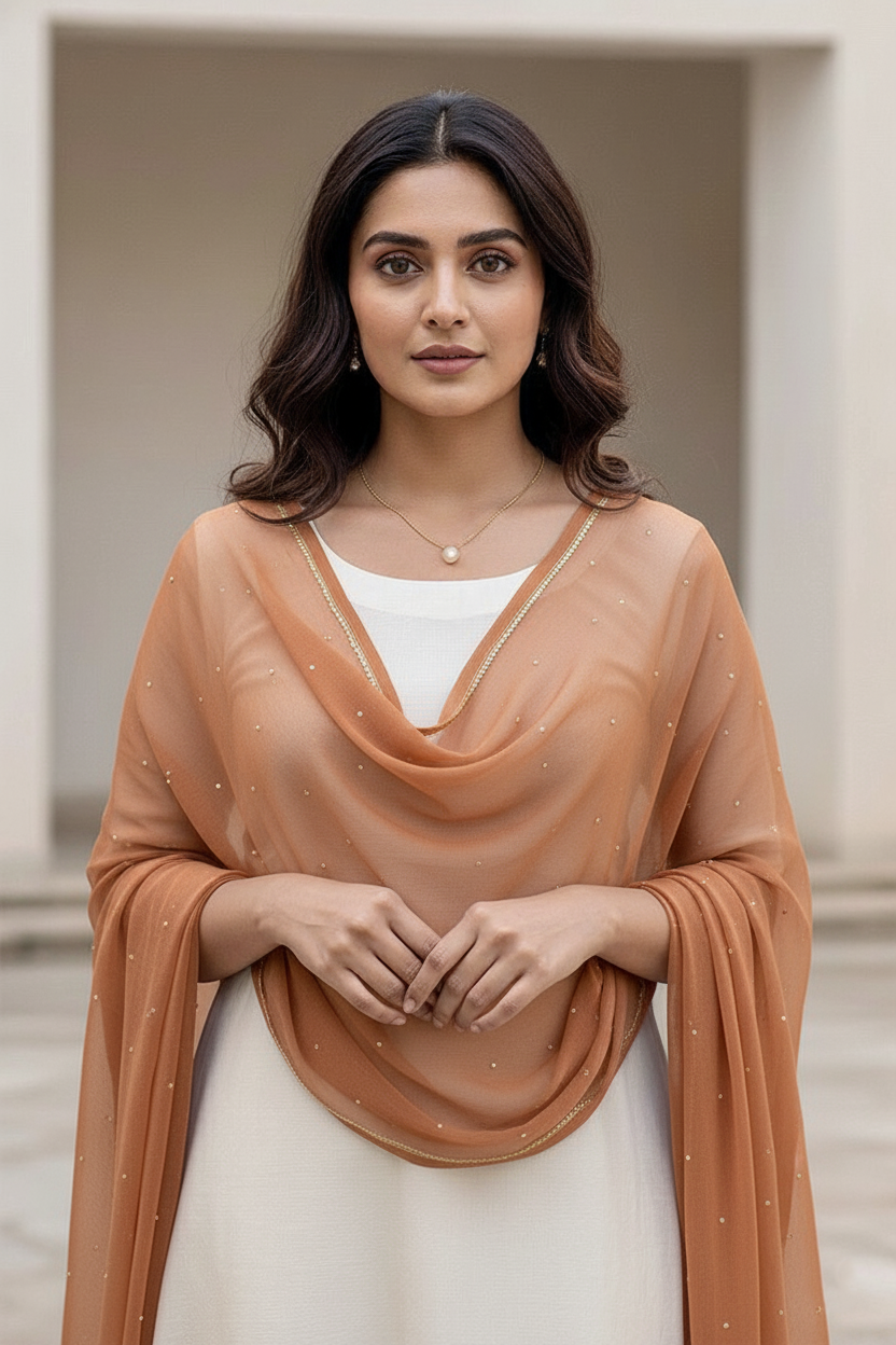 Woman wearing a peach-colored scarf over a white top, standing against a neutral background. Product by Umaid Couture.
