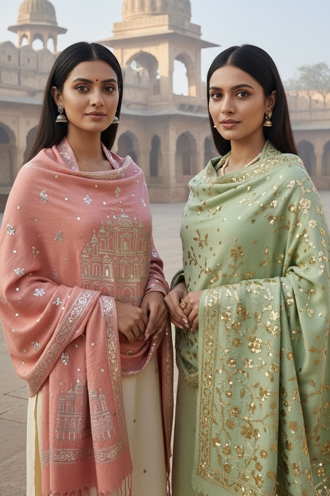 Two women wearing traditional embroidered sarees with a historical building in the background. Product by Umaid Couture