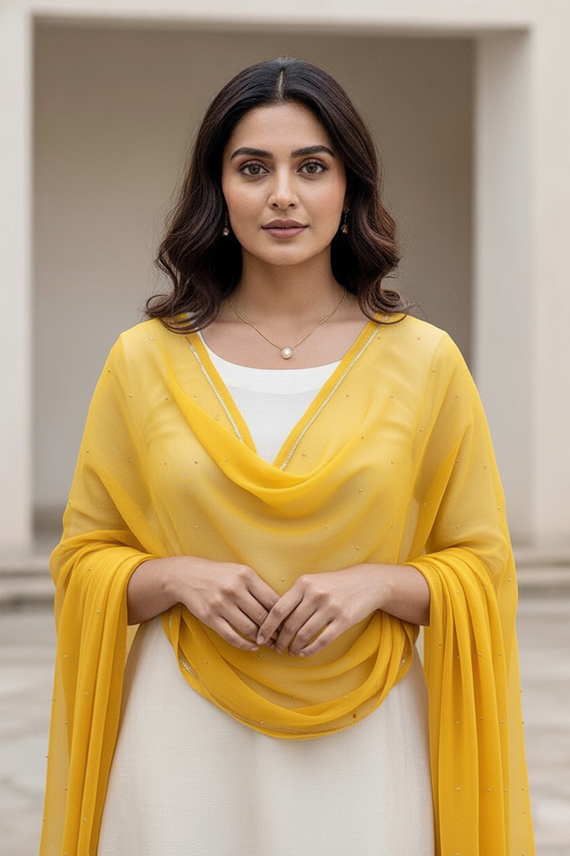 Woman wearing a dupatta over a white outfit by Umiad Couture with a neutral background