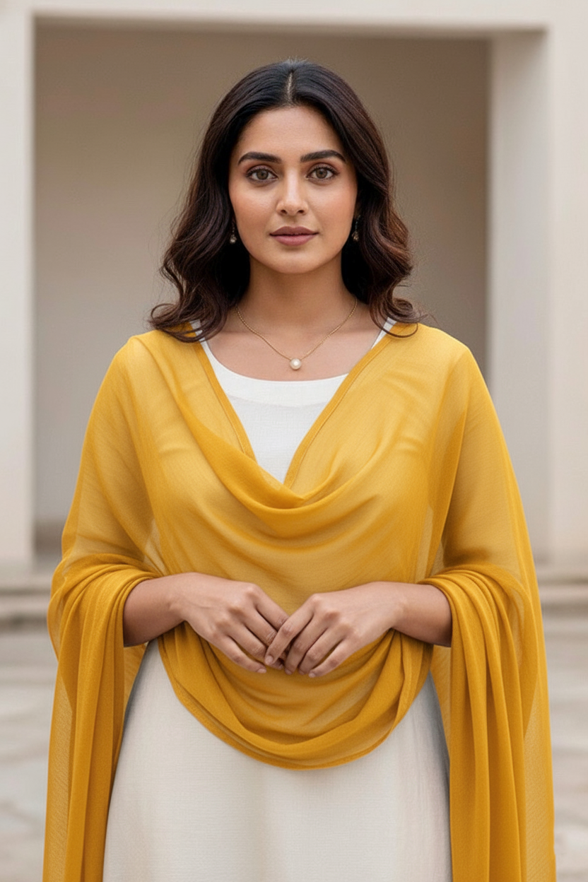 Woman wearing a dupatta over a white outfit by Umiad Couture with a neutral background