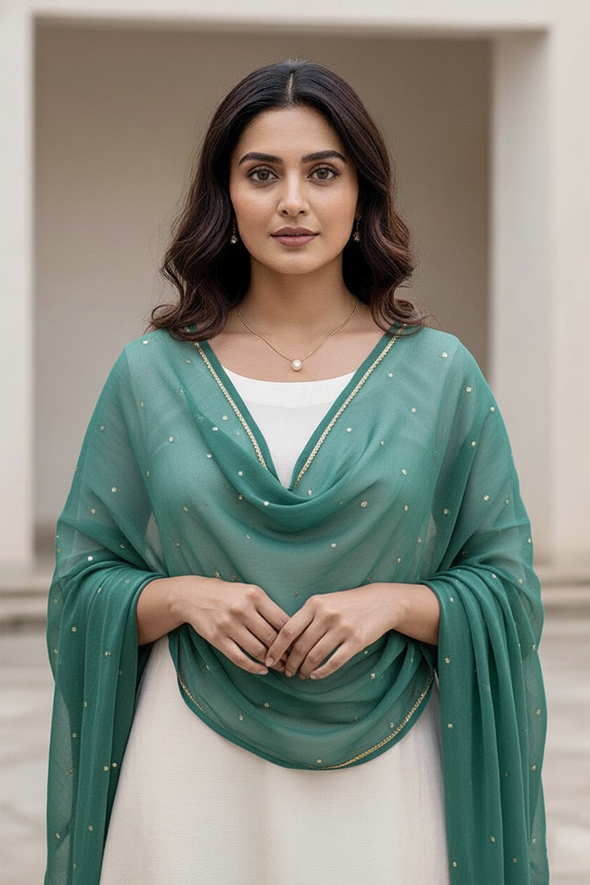 Woman wearing a green dupatta over a white outfit with a neutral background. product by Umaid Couture