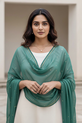Woman wearing a green dupatta over a white outfit with a neutral background. product by Umaid Couture