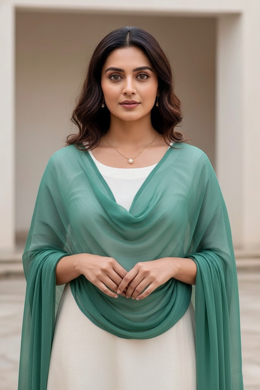Woman wearing a green scarf over a white top in an indoor setting. Product by Umaid Couture