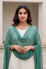 Woman wearing a green scarf over a white top in an indoor setting. Product by Umaid Couture