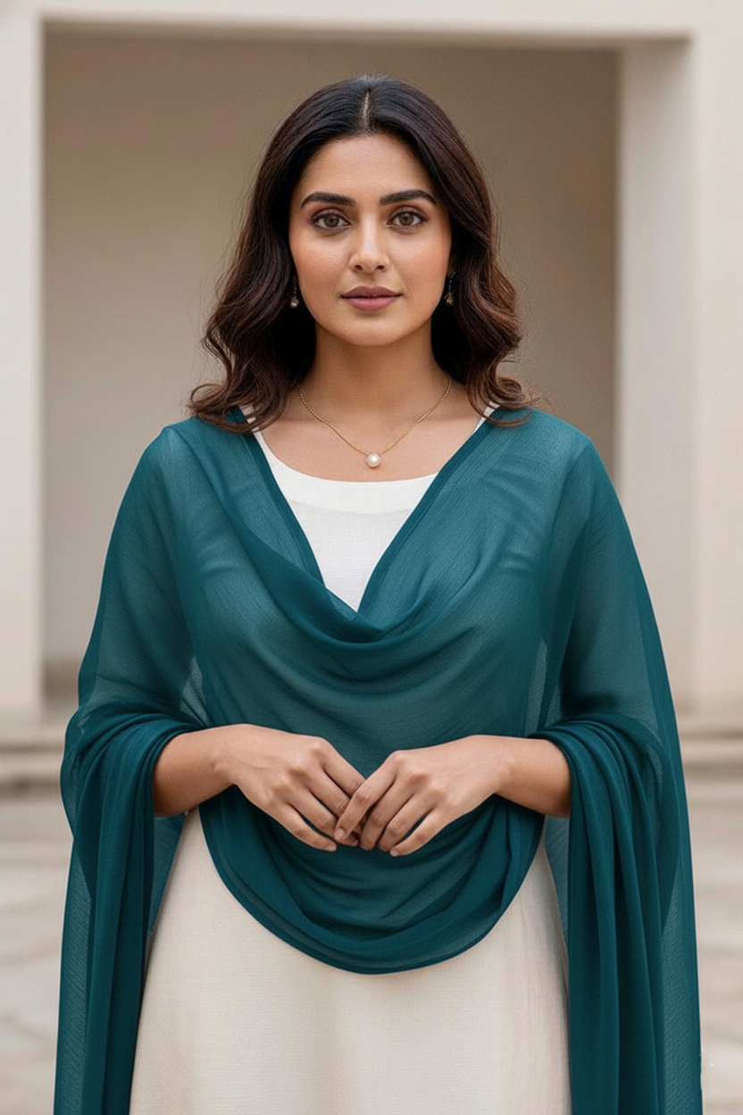 Woman wearing a teal scarf over a white top and skirt, standing indoors. Product by Umaid Couture.