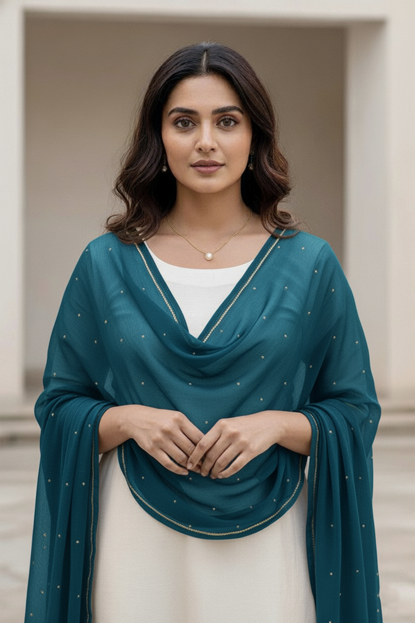 Woman wearing a teal scarf over a white outfit with a neutral background. Product by Umaid Couture.