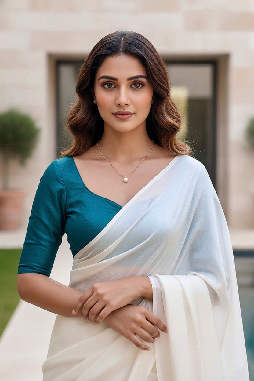 Woman wearing a white saree with a blue blouse in an outdoor setting. product by Umaid Couture