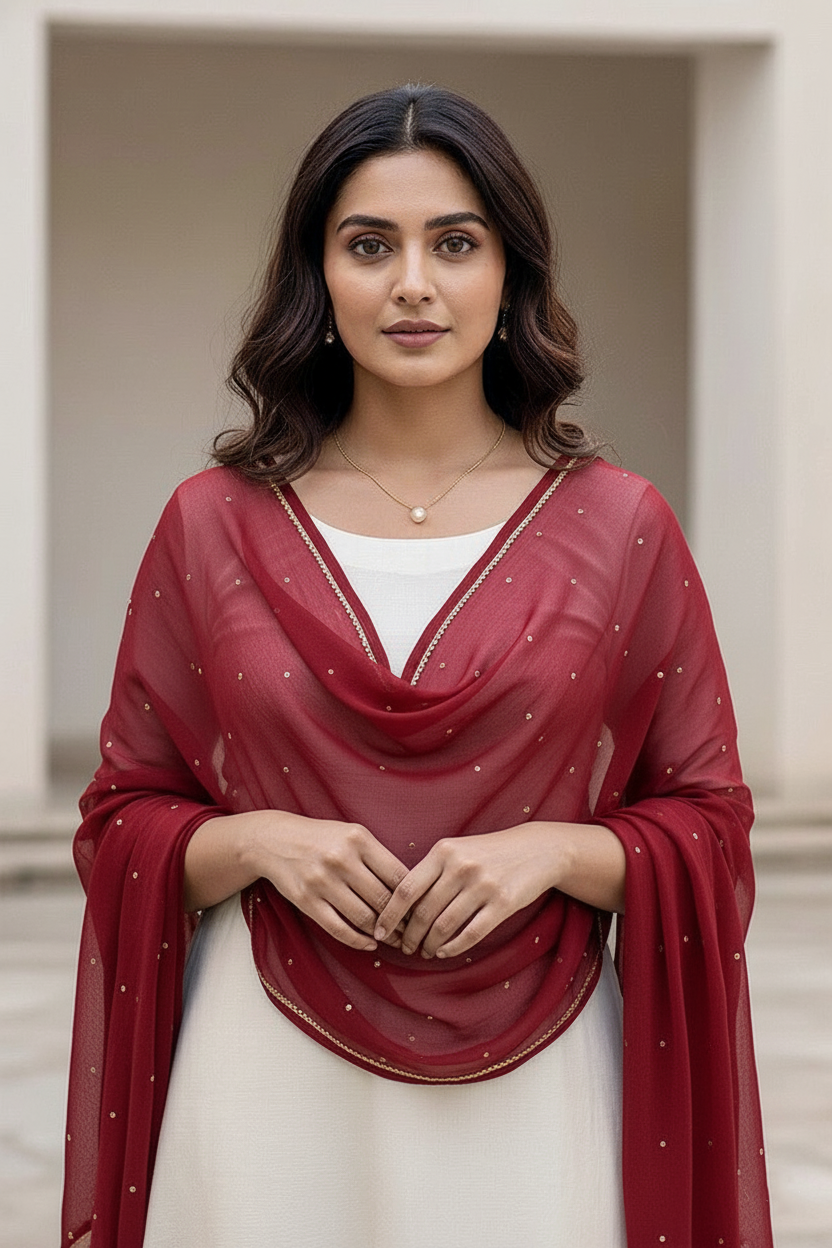Woman wearing a red dupatta over a white outfit by Umiad Couture with a neutral background