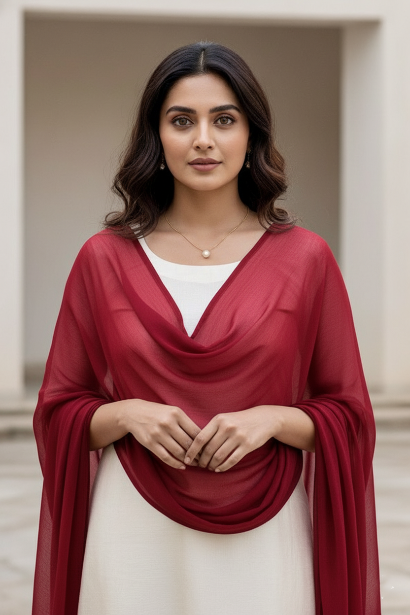 Woman wearing a dupatta over a white outfit by Umiad Couture with a neutral background