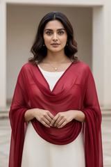 Woman wearing a dupatta over a white outfit by Umiad Couture with a neutral background