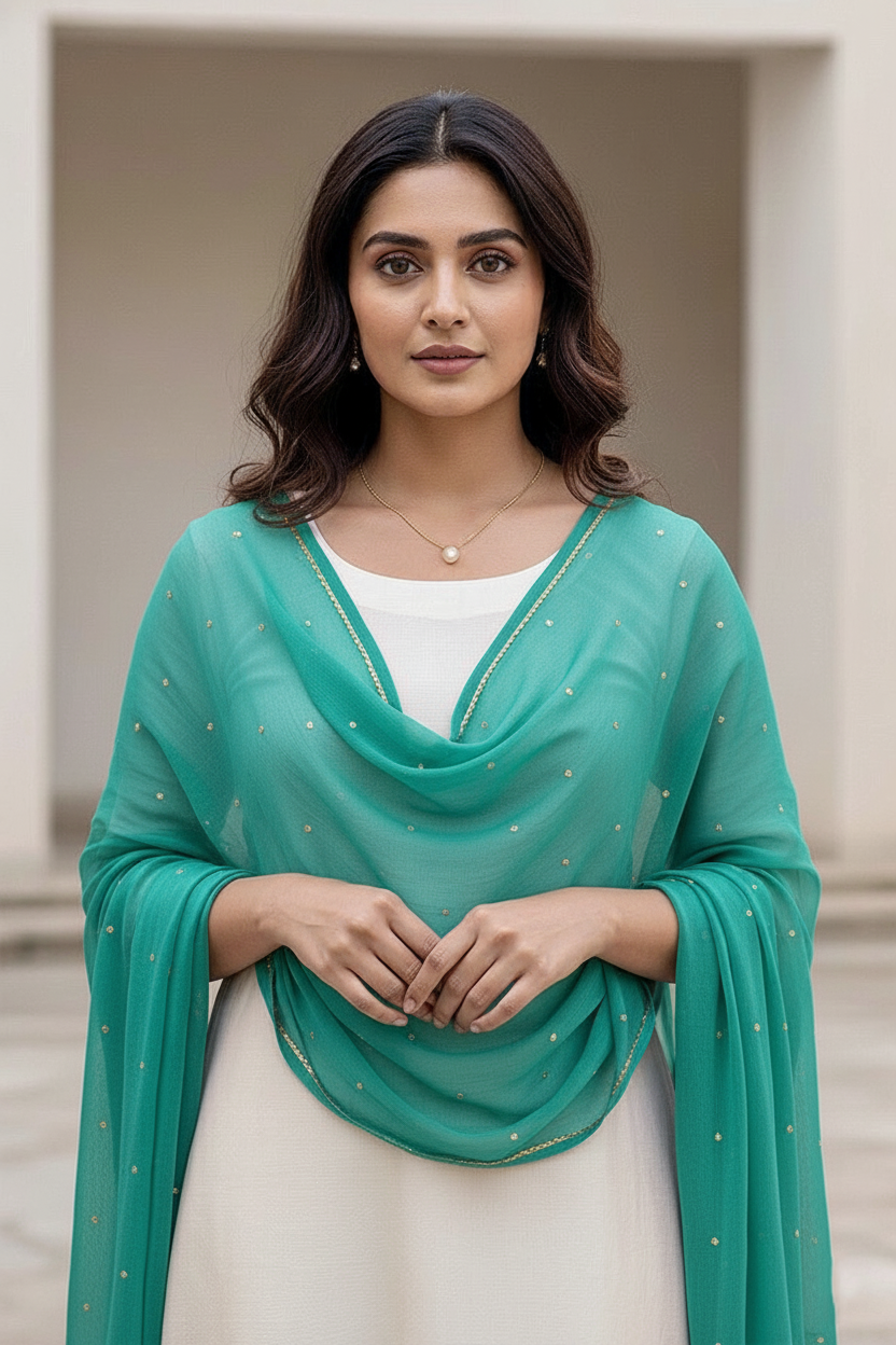 Woman wearing a teal scarf over a white outfit with a neutral background. product by Umaid Couture