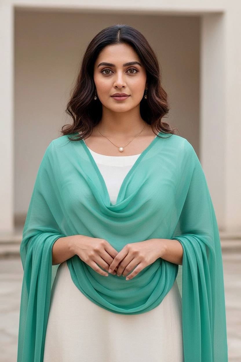 Woman wearing a teal scarf over a white top with a neutral background. Product by Umaid Couture