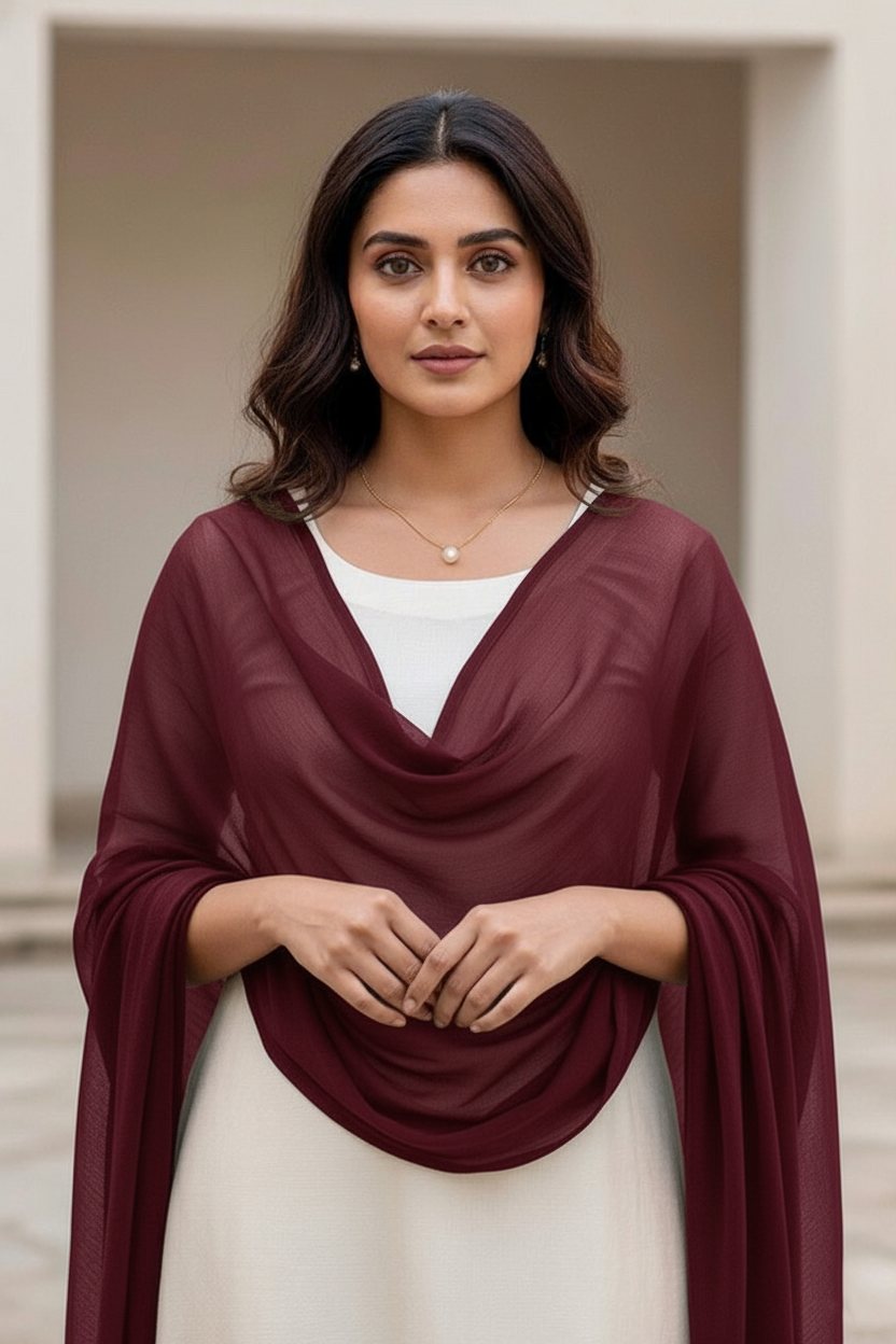 Woman wearing a burgundy shawl over a white top, standing against a neutral background. Product by Umaid Couture.