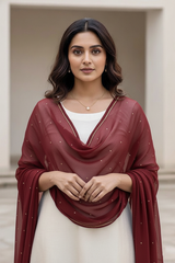 Woman wearing a maroon dupatta over a white outfit with a neutral background. Product by Umaid Couture.