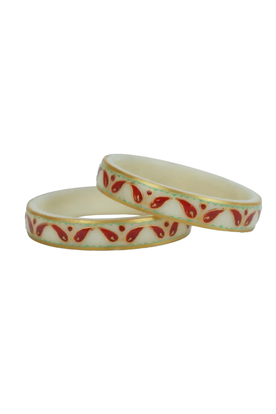 Two ceramic bracelets with red floral patterns on a white background