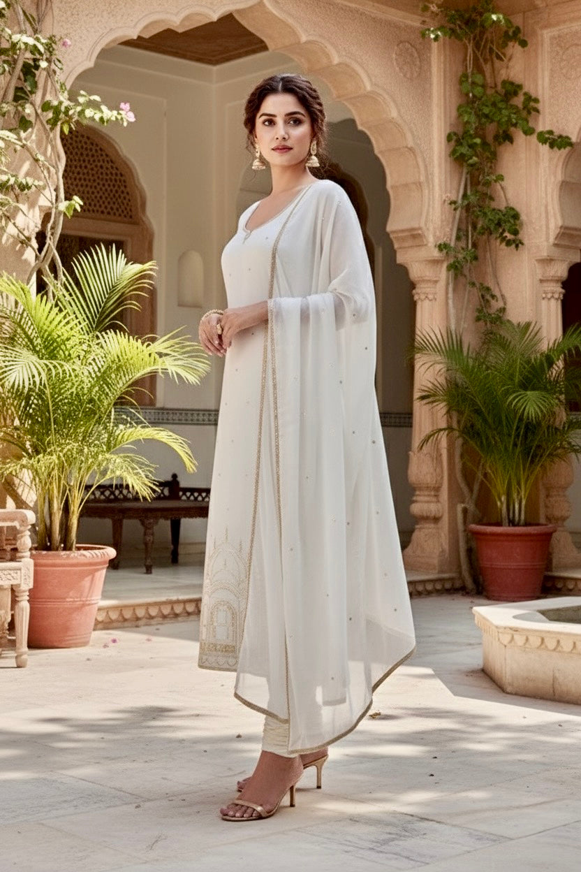 Woman in a white traditional Kurta standing in an ornate courtyard with plants.