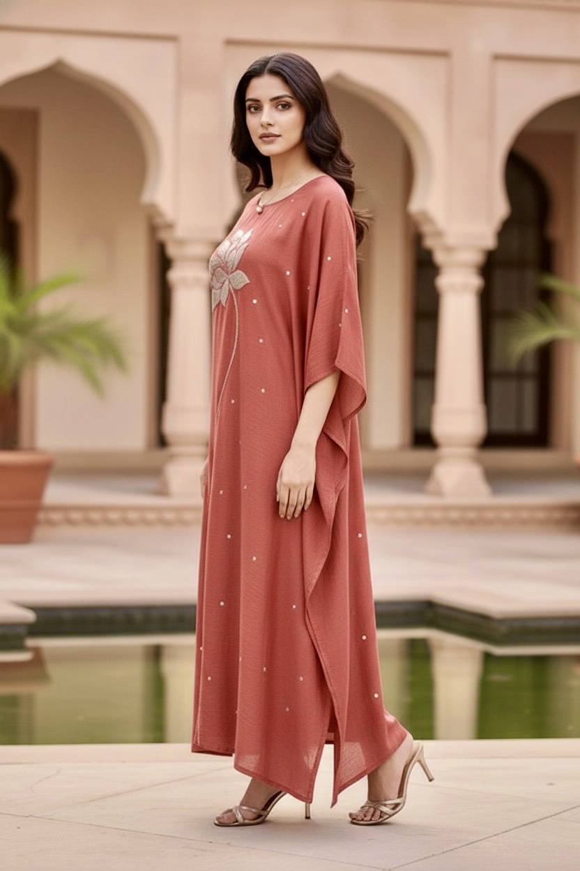 Woman in a long, flowing dress standing in front of an architectural background. Product by Umaid Couture