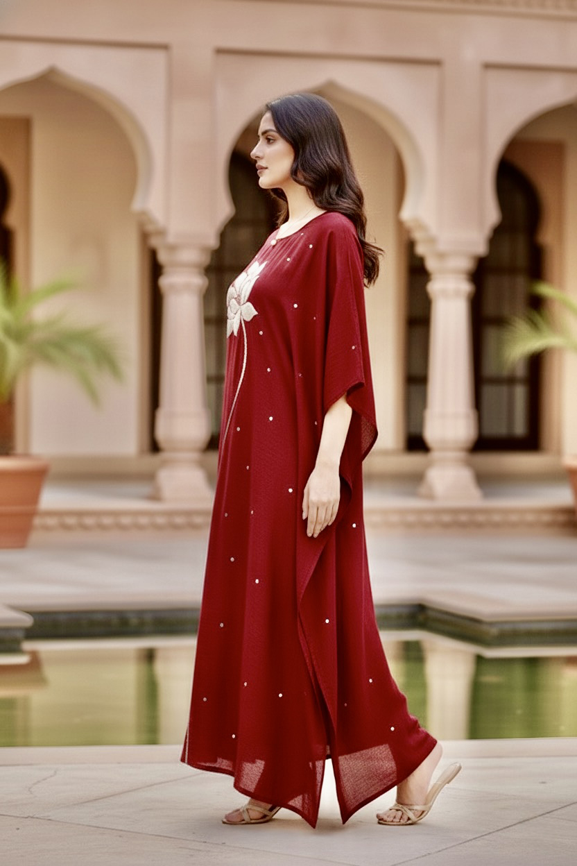 Woman wearing a red dress with white patterns in an outdoor setting with arches and plants. Product by Umaid Couture