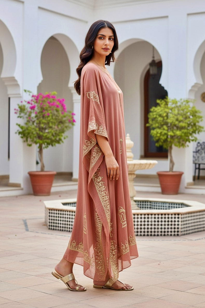 Woman in a long, light pink embroidered kaftan by Umaid Couture standing in a courtyard with arches and plants.