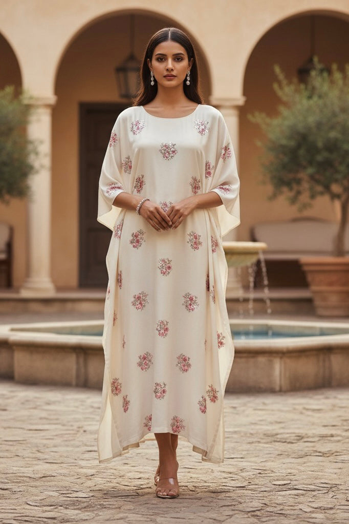 Woman in a floral kaftan standing in a courtyard with arches and a fountain. Product by Umaid Couture
