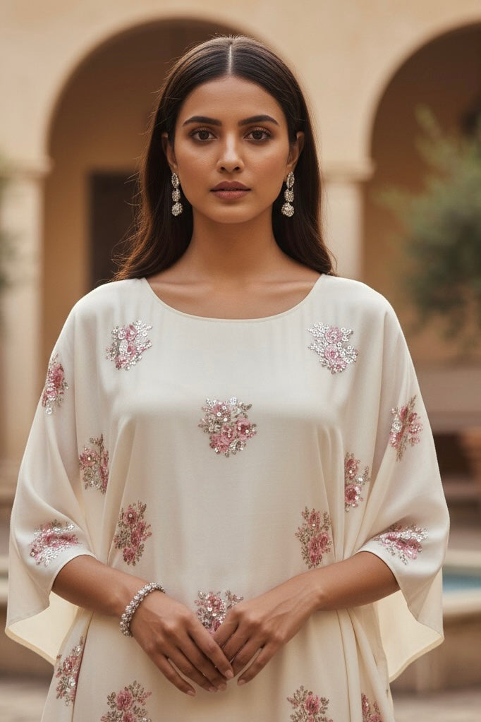 Woman wearing a white kaftan with floral patterns in an outdoor setting. Product by Umaid Couture