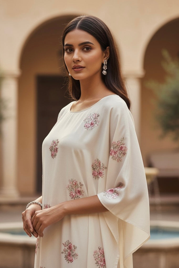 Woman wearing a white kaftan with floral embroidery in an outdoor setting. Product by Umaid Couture