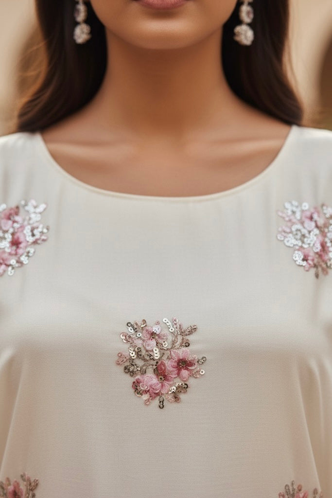 Close-up of a beige top with floral embellishments on a blurred background. Product by Umaid Couture