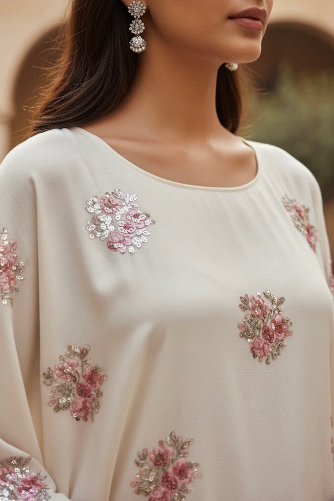 White kaftan with floral embroidery on a blurred background. Product by Umaid Couture