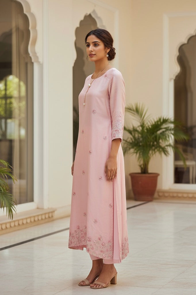 Woman in a pink traditional outfit standing in a decorative interior setting. Product by Umaid Couture
